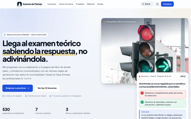 Portada de Examen de Manejo con un simulacro del examen teórico y un semáforo